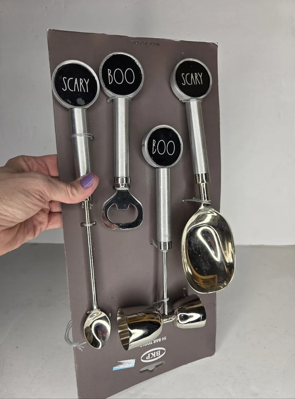 Halloween Stainless Steel Silver Bar Tool Set Boo Scary Rae Dunn Font